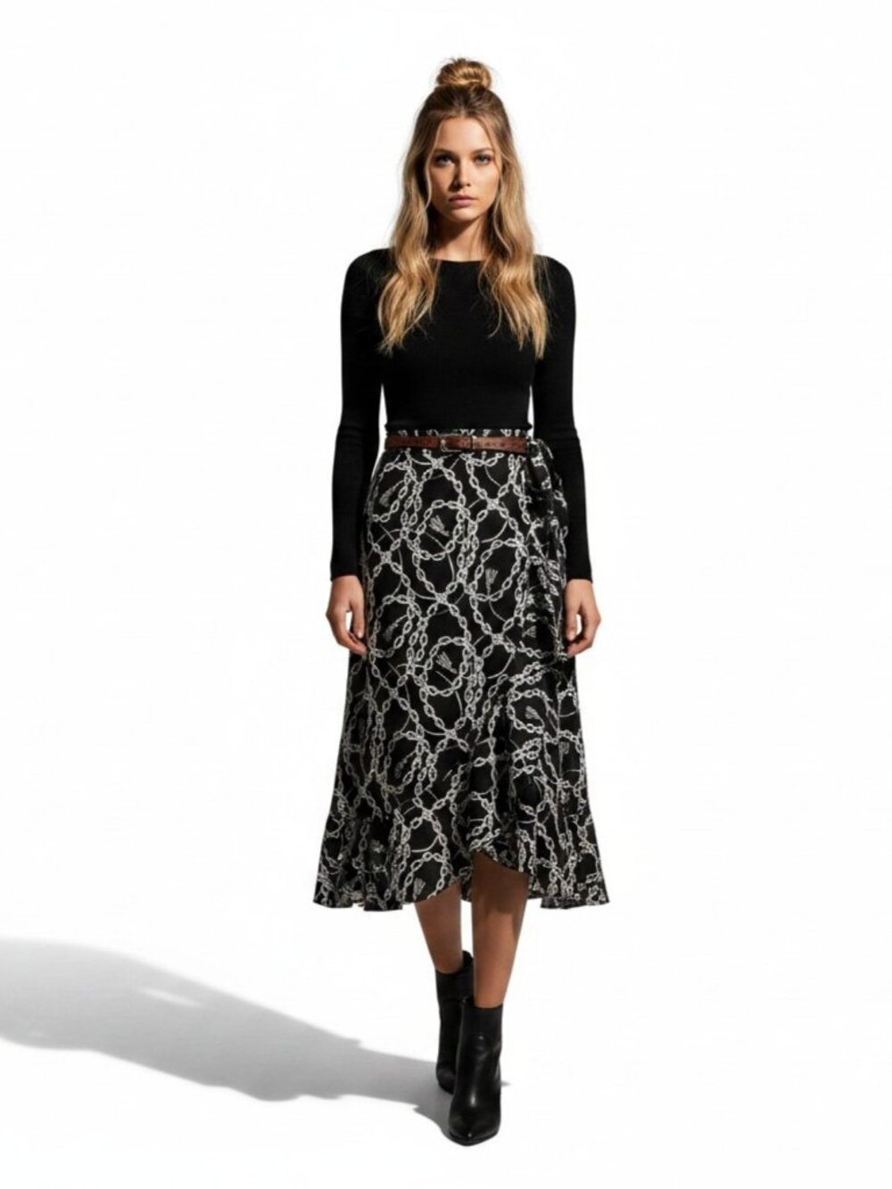Black and White Chain Print Midi Wrap Midi Skirt NWT